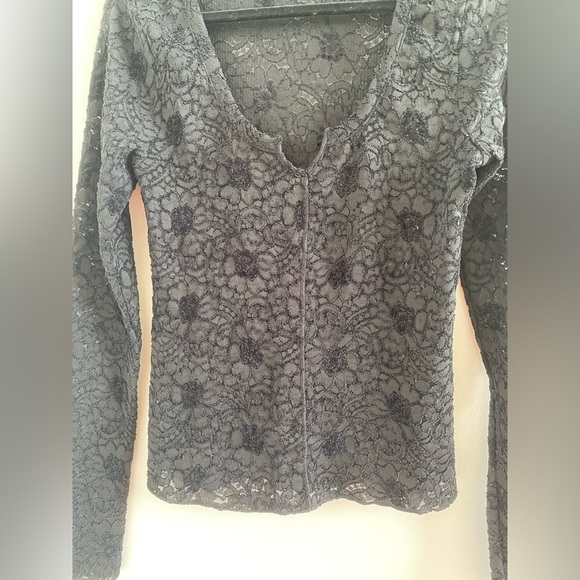 Free People Intimately Black Cloud Ride Notch Lace Long Sleeve Top Size M - Picture 7 of 12